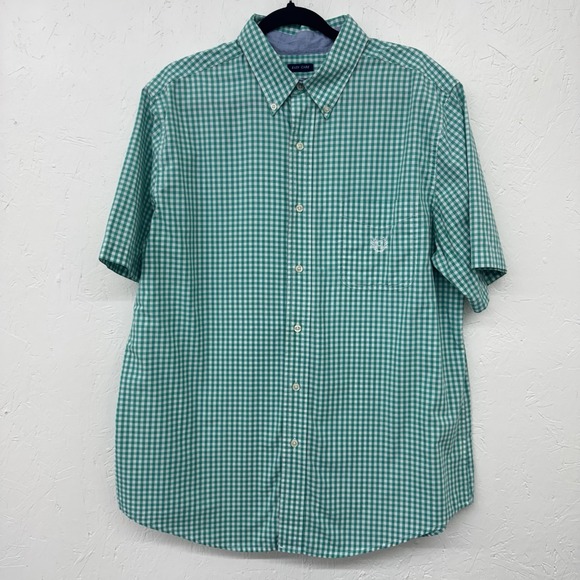 CHAPS SizeL Green Check Cotton Button Front Shirt Short Sleeves Easy Care Pocket - Picture 1 of 5